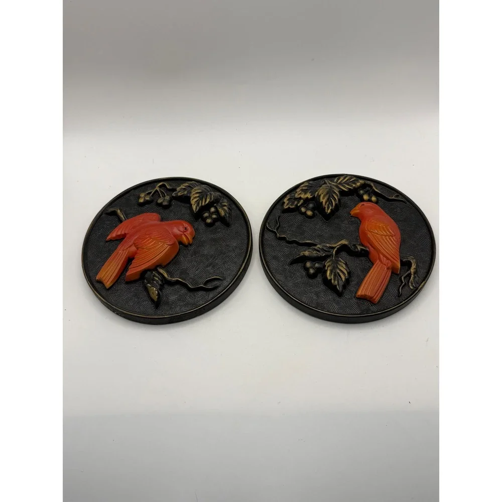 Vintage 1968 Miller Studio Red Cardinal Bird Wall Plaque Set 2 Piece Round MCM